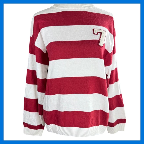 Zara Sweaters - Zara Striped Knit Sweater Red White Number 7 Applique Preppy Collegiate Pullover